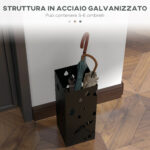 Portaombrelli in Metallo con 4 Ganci e Vaschetta Raccogligocce, 15,5x15,5x41cm, Nero - immagine 4
