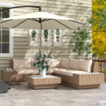 Set da Giardino 4 Pezzi in Rattan, Divano Angolare con Cuscini e Tavolini, Nero e Marrone chiaro - immagine 9