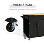 Carrello da Cucina in Legno con 2 Cassetti, Armadietto 3 Ante e 4 Ruote, 121x46x91cm, Nero - immagine 5