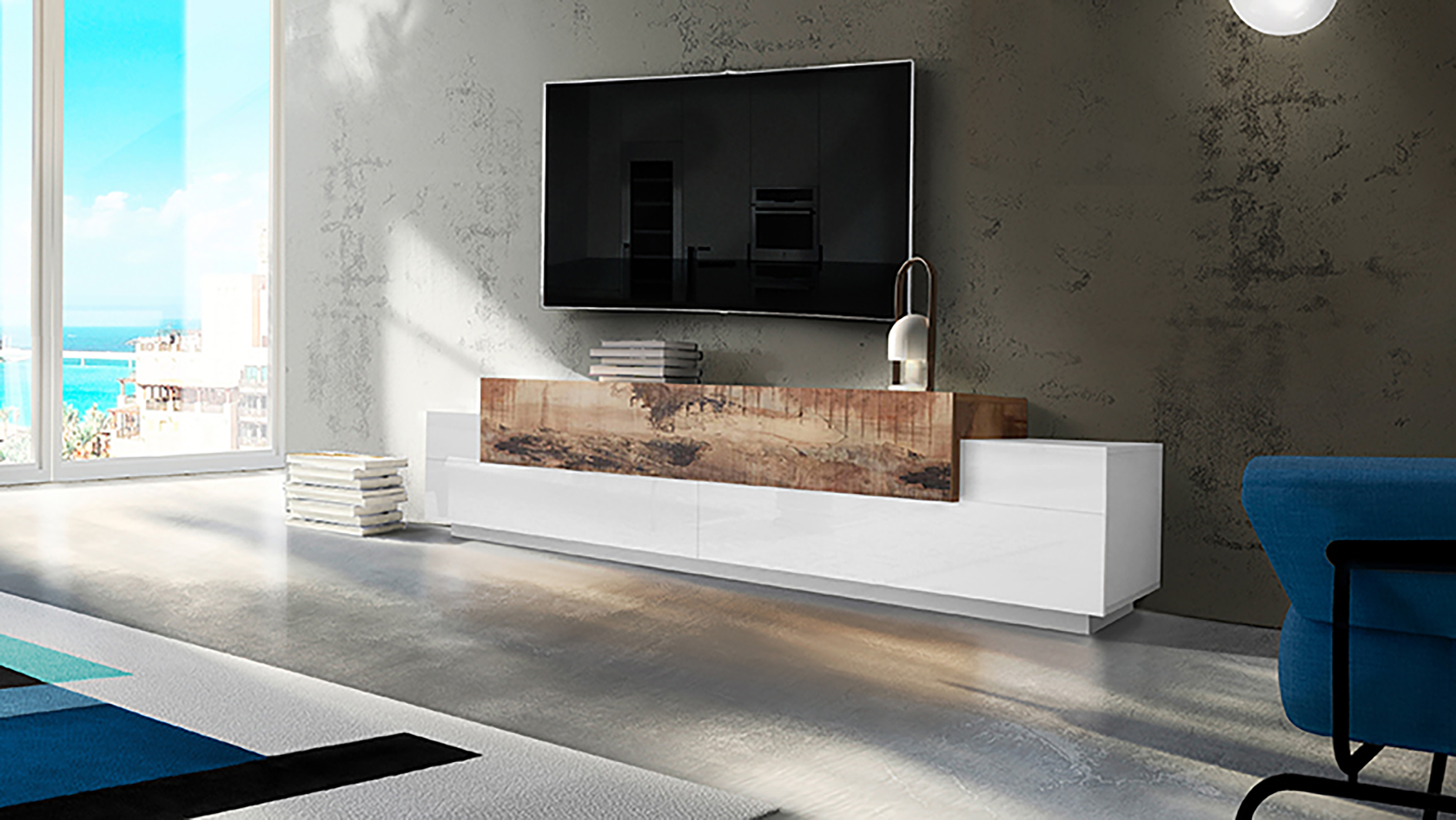 41669355_CORO_AMB.jpg Porta tv CORO 240 cm 3 ante a ribalta Bianco laccato lucido / Acero Pereira - immagine 1
