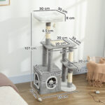 Albero Tiragraffi per Gatti con Casetta, Lettino e 2 Palline, in Legno e Peluche, 55x40x107 cm, Grigio e Bianco - immagine 3