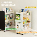 Libreria per Bambini 3-8 Anni a Due Lati, Scaffale Portagiochi con Ruote e Lavagna Nera, Bianco - immagine 4