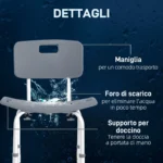 Sedia da Doccia per Bagno in Alluminio e Plastica Altezza Regolabile 8 Livelli 71-88cm Piedini Antiscivolo - immagine 4