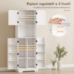 Credenza da Cucina Alta Stile Country, 2 Armadietti e 8 Portaspezie, 60x40x181,5 cm, Bianco - immagine 5