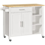 Carrello con Ruote Salvaspazio, Penisola Cucina in Legno Massiccio: 1 Cassetto, 1 Armadietto, 3 Ripiani e 4 Ruote, 107,5x48x89 cm