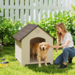 Cuccia per Cani Rialzata con Tetto Inclinato e Prese d'Aria, in PP, 88x78x89 cm, Beige e Marrone Scuro - immagine 2