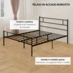 Struttura Letto Matrimoniale in Acciaio 160x2cm con Doghe, Testiera e Pediera - Nero - immagine 3