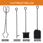 Portalegna per Camino in Ferro Battuto, Scaffale con Manici e Base Rialzata, attizzatoio e scopa, paletta e pinza, Nero | Aosom Italy - immagine 5