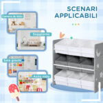 Mobiletto Portagiochi con 9 Cestini Rimovibili in MDF e Tessuto, 63x30x60cm, Grigio e Bianco - immagine 7