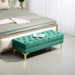 Panca Fondo Letto Imbottita con Rivestimento Trapuntato in Tessuto Effetto Velluto, 118x45x42 cm, Verde Scuro - immagine 2