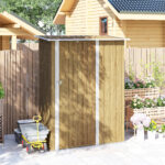 Capanno Porta Attrezzi in Metallo con Tetto Inclinato e Porta Bloccabile, 142x86x189 cm, color Legno - immagine 8