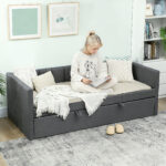 Letto Singolo con Secondo Letto Estraibile, Rivestimento in Tessuto e Braccioli, 205x181x70 cm, Grigio Scuro - immagine 8