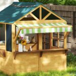 Casetta per Bambini 3-8 Anni con 5 Finestre e 2 Lavagne, in Legno di Abete, 173x117x144 cm, Marrone e Blu - immagine 8