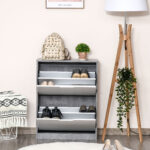 Scarpiera Salvaspazio Slim con 2 Ante a Ribalta, Scarpiera Ingresso con Ripiani Regolabili, Porta Scarpe per 8 Paia con Maniglia a Incavo, 62,5x26x81 cm, Grigio Cemento - immagine 2