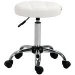 Sgabello Girevole Rotondo con Ruote, Altezza Regolabile e Rivestimento in Finta Pelle, Bianco