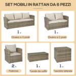 Set da Giardino 6 Pezzi in Rattan con Divani, Poltrone e Tavoli Contenitore, Beige - immagine 5
