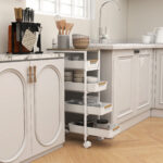 Carrello da Cucina a 5 Livelli con 4 Cesti Estraibili, in Metallo, PP e Legno, 39,5x24x82 cm, Bianco e Rovere - immagine 6