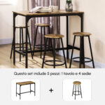 Set da Bar 5 pezzi con Tavolo alto e 4 Sgabelli Stile Industriale, Marrone e Nero - immagine 4