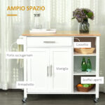Carrello con Ruote Salvaspazio, Penisola Cucina in Legno Massiccio: 1 Cassetto, 1 Armadietto, 3 Ripiani e 4 Ruote, 107,5x48x89 cm - immagine 4