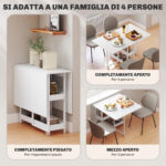 Tavolo Pieghevole a 2 Ribalte per 4 Persone con 2 Ripiani Aperti, Legno e Metallo, 133,4x80x75 cm, Bianco - immagine 4