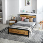 Struttura Letto Una Piazza e Mezza in Legno e Acciaio con Doghe in Stile Industriale, 140x2cm - immagine 7