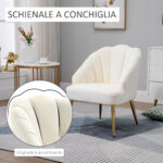 Poltrona in Velluto Imbottita con Schienale a Conchiglia e Gambe in Acciaio per Camera e Salotto, 63x65x84cm, Crema - immagine 5