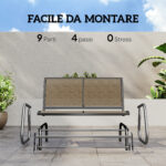 Panchina a Dondolo 2 Posti da Giardino in Metallo e Tessuto a Rete, 120x70x85 cm, Marrone Chiaro - immagine 5