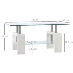 Tavolino da Caffè Moderno a 2 Livelli in Vetro e Legno, 90x50x42cm, Bianco - immagine 3