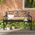 Panchina da Giardino in Metallo con Schienale Decorato, 127x60x87cm - Nero - immagine 7