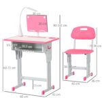 Set Scrivania e Sedia per Bambini 6-12 Anni ad Altezza Regolabili, Banco Scuola con Lampada, Cassetto, Gancio, Portapenne e Leggio, Set Banco con Sedia per Bambini in Acciaio e MDF, Rosa - immagine 3