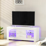 Mobile Porta TV da 55" con Luci LED a 12 Colori e Telecomando, Legno e Vetro 120x40x50cm, Bianco - immagine 2