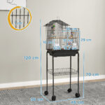 Gabbia per Uccelli con Piedistallo, Ruote Girevoli, Ripiano e Accessori, 46x36x120 cm, Nero - immagine 3