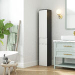Colonna Bagno Salvaspazio in Legno con 2 Armadietti e Cassetto, 30x28x180 cm, Nero - immagine 7
