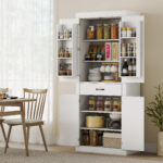 Dispensa Cucina in stile Country con 2 Armadietti, 6 Ripiani e Cassetto, in Legno, 76x39,5x183,5 cm, Bianco - immagine 2