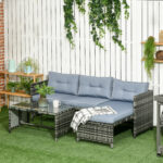 Salotto da Giardino con Divanetto, Chaise Longue e Tavolino in Rattan PE con Cuscini, Grigio - immagine 2