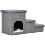 Scaletta per Cani e Gatti 10kg max a 3 Gradini con Casetta per Cani e Spazio Portaoggetti, 73,5x33x40,5 cm, Grigio