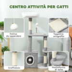 Albero Tiragraffi per Gatti con Casetta, Lettino e 2 Palline, in Legno e Peluche, 55x40x107 cm, Grigio e Bianco - immagine 4