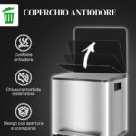 Bidone Immondizia a 2 Sezioni da 15L a Pedale con Coperchio Silenzioso, in Acciaio Inox e PP, 41,8x36,7x44 cm - immagine 6