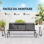 Panchina a Dondolo da Giardino a 3 Posti in Metallo e Tessuto a Rete Traspirante, 147x70x85cm, Nero - immagine 5