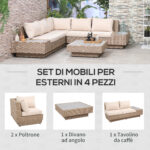 Set da Giardino 4 Pezzi in Rattan, Divano Angolare con Cuscini e Tavolini, Nero e Marrone chiaro - immagine 4