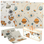 Tappeto per Bambini 0-6 Anni a Tema Spazio con Superficie Impermeabile in XPE Multicolore, 196x176x1,5 cm