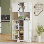 Credenza da Cucina Alta Stile Country, 2 Armadietti e 8 Portaspezie, 60x40x181,5 cm, Bianco - immagine 2