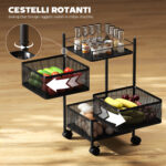 Carrello Cucina a 3 Livelli con Cestini in Metallo Girevoli, Ruote e Freno, 27,5x27,5x62 cm, Nero - immagine 4