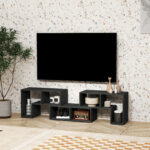 Mobile TV 75" max Modulabile con 2 Ripiani a L e Mensola Rettangolare, in Legno, 134-180x30,5x44 cm, Nero - immagine 6