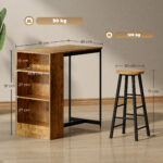 Set da Pranzo con Bancone Bar con 3 Ripiani e 2 Sgabelli Alti con Poggiapiedi Stile Industriale, Marrone - immagine 3