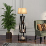 Lampada da Terra in Metallo e MDF a 3 Ripiani con Paralume in Tessuto, Ø42x166 cm, Nero e Beige - immagine 2