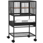 Gabbia per Uccelli con Ripiano Inferiore, Vassoio e Griglia Rimovibili, in Acciaio e PP, 48x46x83 cm, Nero