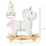 Cavallo a Dondolo per Bambini a Unicorno con Base Curva e Ruote, Cavallo a Dondolo 2 in 1 con Suoni Integrati e Rivestimento Peluche, per Bambini 3-6 Anni, 63x38x63cm, Bianco - immagine 3
