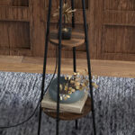 Lampada da Terra a 2 Ripiani in Metallo e MDF con Paralume in Tessuto, Ø42x166 cm, Nero e Marrone - immagine 9