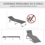 Sdraio Pieghevole con Poggiatesta e Schienale Regolabile in Alluminio 60x165x76cm Grigio - immagine 4